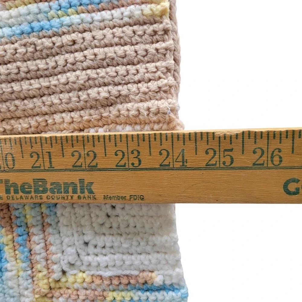 Vintage Handmade Crochet Throw Blanket Tan Blue Cream Log Cabin Square 24x32‎